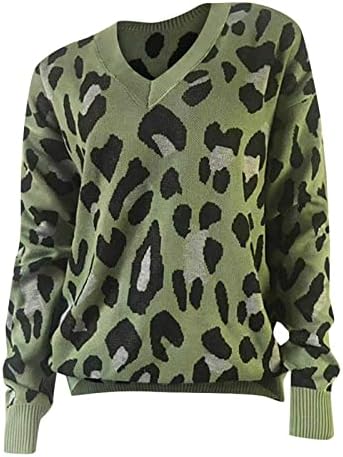 Oversенски преголеми џемпери V-вратот лента леопард печати удобни долги ракави џемпер врвови на ракав џемпер
