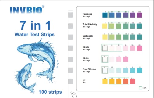 Липчиња за тестирање на вода Invbiu Aquarium 7 во 1 + ленти за тестирање на вода од риба Амонија азотни комплет за тестирање, 2 шишиња 150 ленти за тестирање на 8 параметри за сл