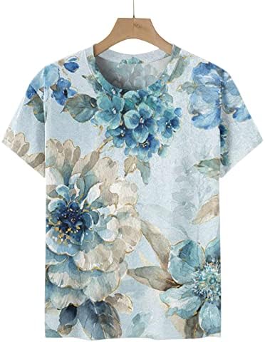 Женски летни врвови, графички кошули со цвеќиња од вратот, обични кратки ракави маица мода лабава вклопена туника маици