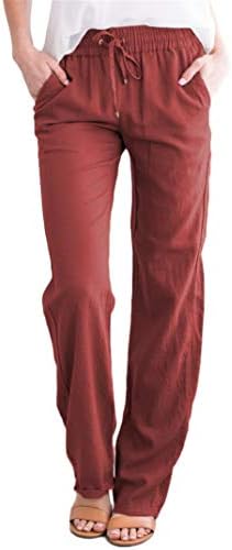 Andongnywell женски еластични лекови за прицврстување долги панталони палацо ленени обични панталони океани -пантолони со џебови