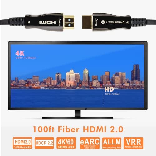 J-Tech ДИГИТАЛНИ Оптички Влакна HDMI Кабел HDMI 2.0 Ултра Тенок Кабел Поддршка HDCP 2.2, 18Gbps, 4: 4: 4, HDR10, 100 ft [JTECH-FCAB100]