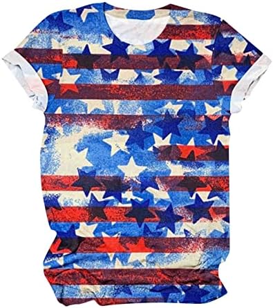 Американски маички со знаме, жени шарени starsвезди Печати маици со кратки ракави О-вратот на вратот на 4 јули патриотски блузи Топ Топ