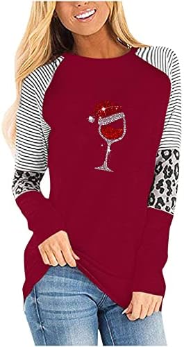 Xiaojmake женска Божиќна вино стаклена кошула симпатична санта шапка џемпер, обичен блок во боја, леопард шарени раглански маички
