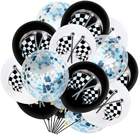 Amosfun Checked Racing Flags Design Balloons Latex Balloons забава сини конфети балони Декоративни материјали без лента за забава со теми за автомобили