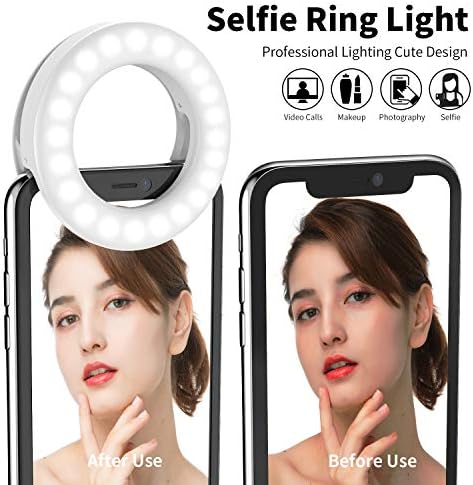 Meifigno Selfie Прстен Светлина [3 Светлосни Режими] [Полнење], КЛИП НА ТЕЛЕФОНСКА КАМЕРА LED Светло, Прилагодлива Осветленост Selfie