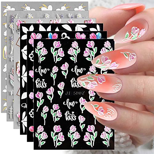 3Д налепници за цвеќиња за нокти, 7 листови 5Д самолепливи врежани нокти декларации бело розово украсување на уметноста за декорација