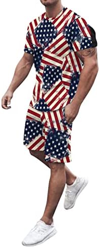 Машки летни атлетски кратки комплети на 4 -ти јули Поло кошула и спортски шорцеви Американски знаме печати кратки ракави 2 парчиња