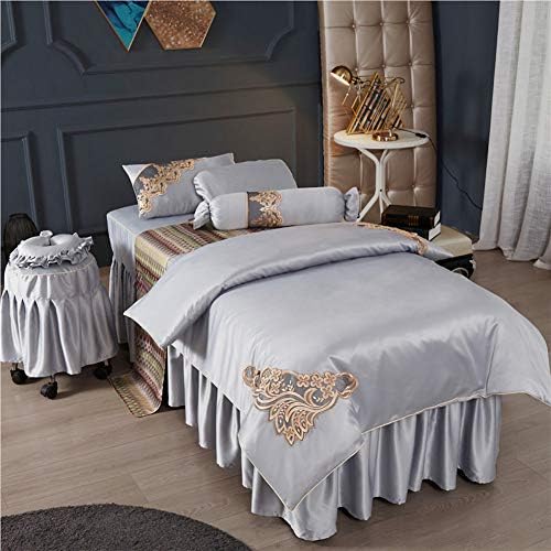 Summer 4-Piece Massage Table Sheet Sets, Soft Embroidery Beauty Bed Cover Massage Linens Bedspread with Face Rest Hole-Gray 70x190cm
