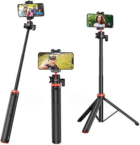Uurig TP-02 Extendable Phone Tepone Tripod, 51 Selfie Stick Phone Vlog Tripod Stand со 2 во 1 телефонски клип, 360 ° топчеста глава Камера