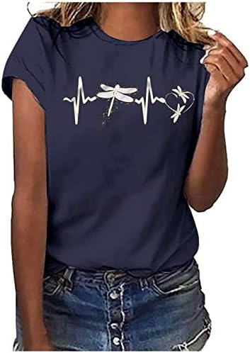 Симпатична графичка маица за жени печатена шема на змеј, тркалезен врат, кратки ракави, случајни класични врвни врвни врски