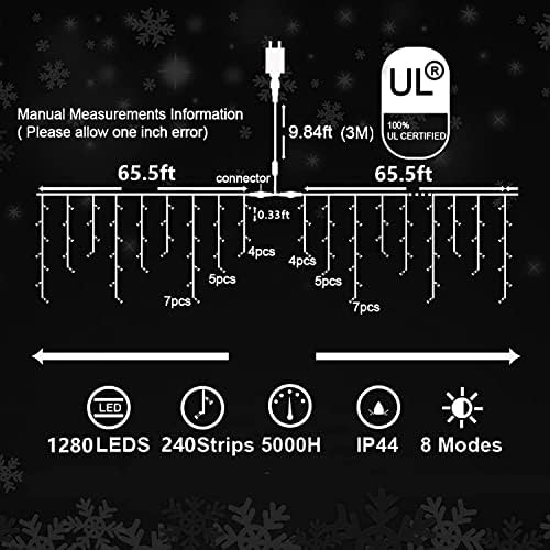 132ft Божиќни светла украси на отворено, 1280 LED 8 режими завеса самовила со 240 капки, приклучете ја функцијата за меморија за водоотпорна тајмер