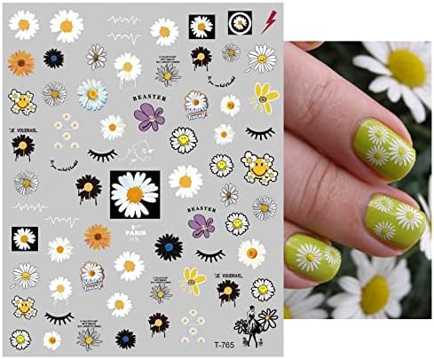 8 листови пролетни маргаритки сончогледни нокти налепници за уметност декорации само лепила насмевка лице лето слатко бело жолти цвеќиња цветни