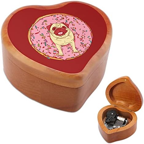 Pug Donuts Дрвена музичка кутија со форма на срцева форма на ветровито музичко кутија гроздобер дрвена часовна кутија со музички кутии подароци