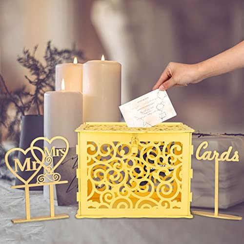 Кутија за свадбени картички, Kposiya Hollow Out Wooden Card Box со знак за заклучување и картичка и табела за чипка, мат, картичка за украси