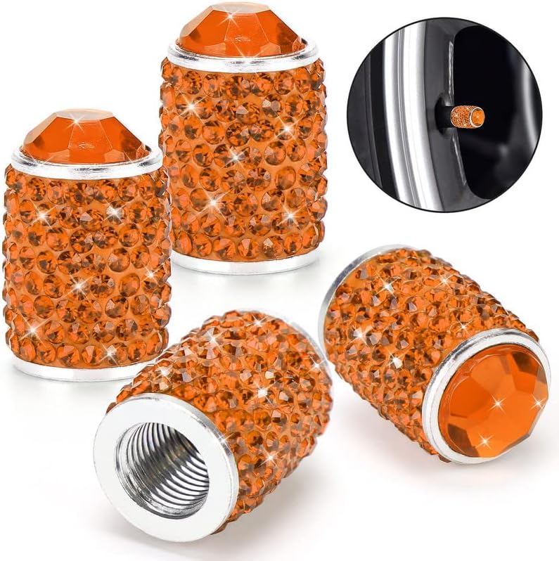 Капчиња за вентили за гуми во гума од портокалова боја, 4 пакувања рачно изработени кристални ринстони дијамантски капачиња за дијамантски