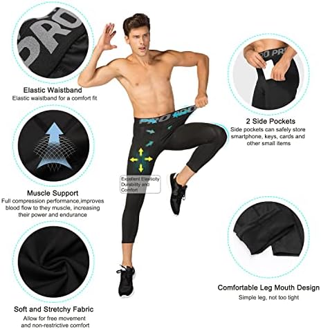 Панталони за компресија за мажи 3/4 Капри хеланки суво вклопување тренингот што работи атлетски теретани хулахопки дното 3 пакувања