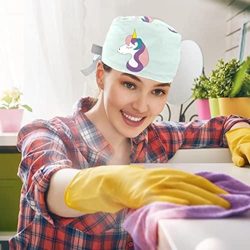2 парчиња медицинска сестра за чистење капачиња со долга коса, прекрасна шема на еднорог, прилагодливо работно капаче со копче и џемпери