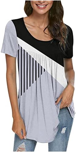 Womenените модни преклопени плетени врвни печатени обични кружни врат кратки ракави лабави маица блузи врвови