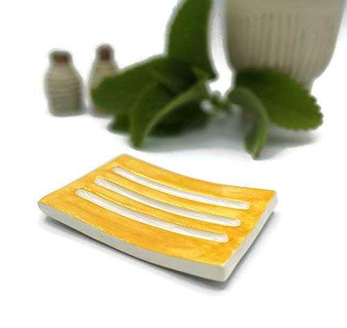 Жолто рачно изработено сапун сапун за бар -сапун керамика, држач за сунѓер на правоаголник