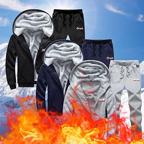 Машки зимски топло тренирање 2 парчиња атлетска качулка Постата за активна облека со целосна спортска јакна и панталони сет