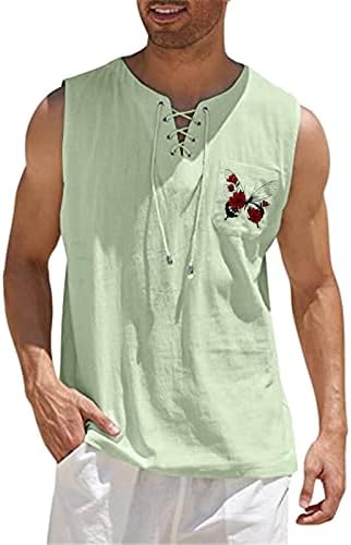 Менс модна обична цврста боја памук и ленен чипка јака без ракави кошула без ракав маж мачки маици