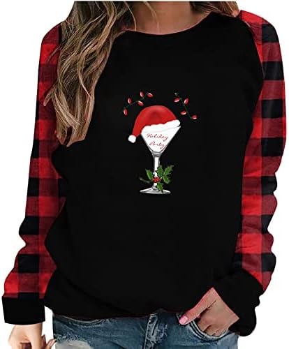Женски Божиќни туники врвови мода 2023 година Нова Година со долги ракави, џемпери со екипаж, карирани чаши за вино, печати џемпер