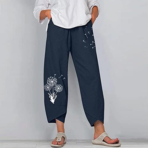 Летни панталони за жени за жени, памучни постелнини широки нозе, влечење на еластична половината каприс удобни панталони за земјоделски