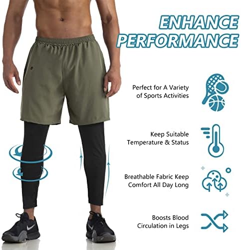 Wirist 2 во 1 трчање панталони за мажи, тесни панталони за компресија на тренингот за мажи, салата за атлетски панталони со џеб со џеб