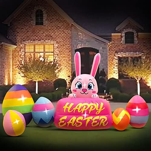 Домком 8ft Велигденски украси за надувување, зајаче со јајца, градежни LED светла за одмор, двор декорација, за Велигденска празнична забава,