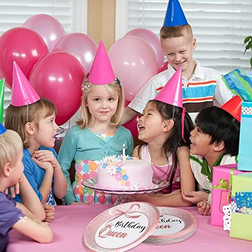 Сет од 24 роденденски кралички хартиени плочи розово злато за еднократна употреба 9in партиски садови за хартија среќен роденден