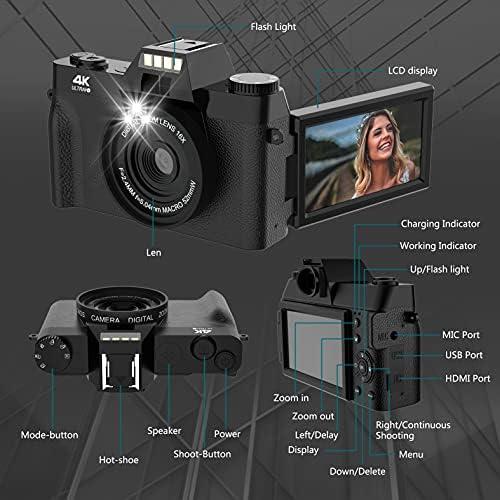 Камера за блогирање, 4K дигитална камера за YouTube Auto Focus & Anti Shake со WiFi, 16x дигитален зум 32 GB TF картичка TOPCAMA12