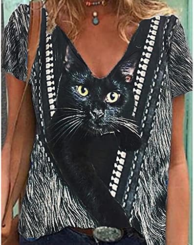 Женски обични врвни мачки графички кратки ракави маички преголема маица со врат со симпатична девојка мода гроздобер блуза Туника