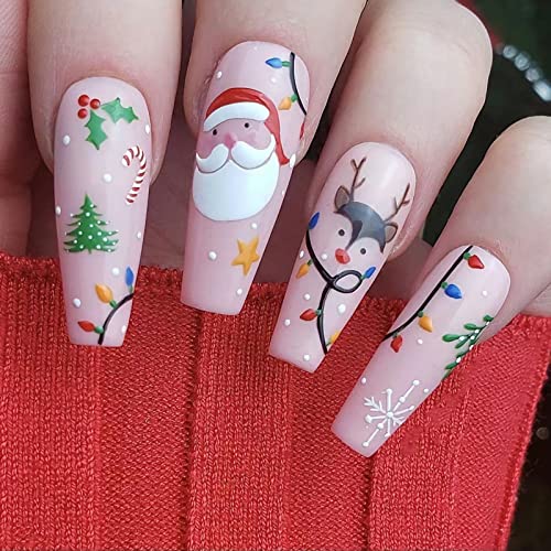 Ковчег печат на ноктите долги Божиќни лажни нокти целосна покривка акрилни нокти новогодишна елка Дедо Мраз Клаус Дизајн на снегулка