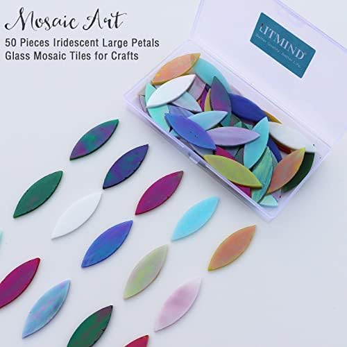 Litmind 50 парчиња Iridescent Glass Големи ливчиња Мозаични плочки за занаети, 2 x 0,63 исечени рачни стаклени лисја парчиња, стакло од виножито, цвеќиња од мозаик што изработуваа?