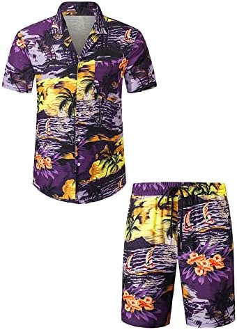 РВИДБЕ мажи Хавајска облека Машка летна цветна модна копче надолу со кратки ракави Хавајски кошула одговара на кошула за плажа костуми