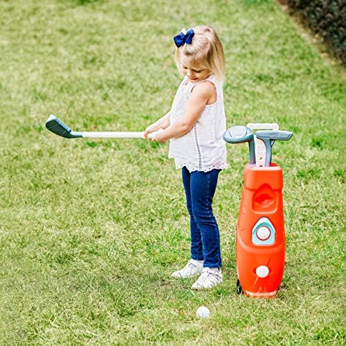 Сет за голф за мали деца - Комплетна игра за играчки за голф за деца | 3 јуниорски голф -клубови + 3 топки + 2 дупки за вежбање + 1 количка за голф со тркала