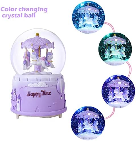 Еднорог Музички снежен глобус со LED светла Автоматски снежни врнежи Авеки Карусел коњи Музичка кутија за девојчиња Девојки внуци роденден