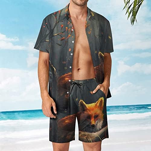 Баикутуан природа симпатична лисица машка машка 2 парчиња хавајски кошула одговара случајно лабаво копче надолу и шорцеви на плажа облека за одмор