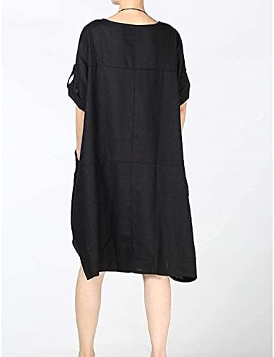 ЈУЕДАДА женски памучен постелнина џеб фустан со долг ракав екипаж на цврста боја миди фустани плус големина празнична забава Дресес