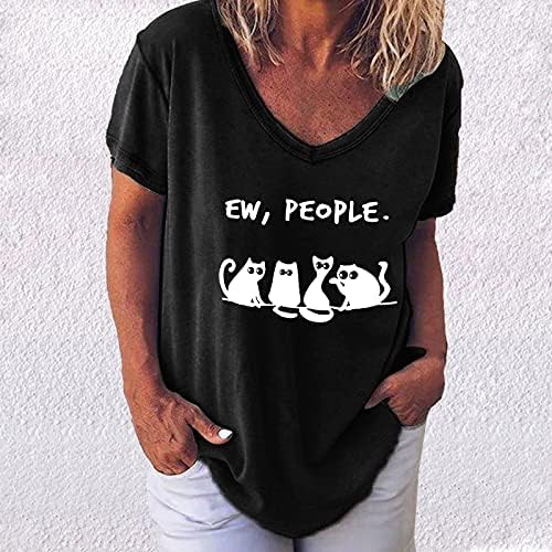 Женски обични врвови против вратот мачки печати кратки ракави маица врвови случајна лабава блуза Основна маица маица лабава блуза