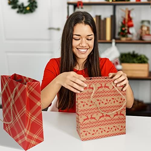 Биројални торби за Божиќни подароци од 12 пакувања, 4 дизајни Божиќни кефти со хартија со рачки, кеси за подароци за Божиќ, Божиќна