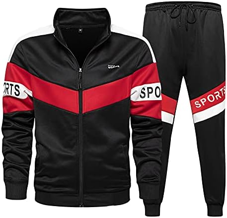 Трага за мажи за мажи 2 парчиња облека во боја Блок целосни патенти јакни и џогери од потта есен зимски топол спортски сет