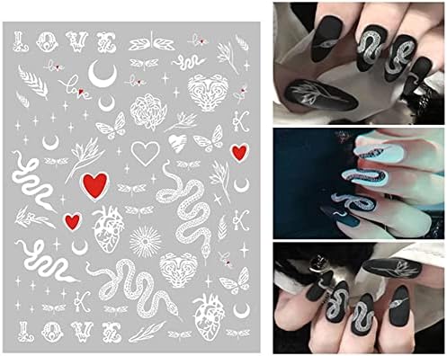 6 листови налепници за уметност со змија нокти, црни черепни готвици за нокти 3D самостојно лепење на ноктите за нокти, за Ноќта на вештерките