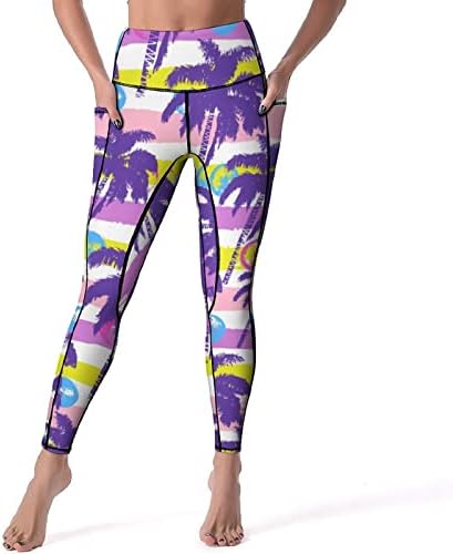 Виолетова палма, женски високи половини јога панталони со хеланки за вежбање во џеб