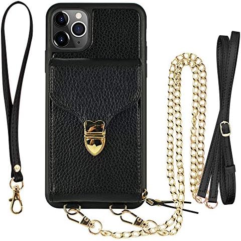 JLFCH iPhone 11 Pro Max паричник случај, iPhone 11 Pro Max Crossbody Случај Со Патент Картичка Слот Држач За Рачен Ланец За Рамо Чанта Чанта За Apple iPhone 11 Pro Max 6,5 инчи 2019-Црна