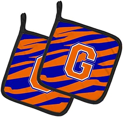 Богатства на Каролина CJ1023 -GPTHD буква g Почетна лента за тигар - сина портокалова пар држачи за тенџере, кујнски држачи за отпорни на топлина поставуваат топли влошки