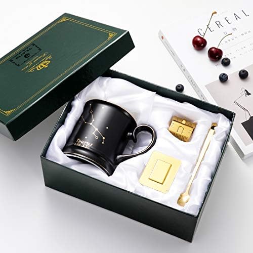 Tilany Ceramic Cafe Chafe Crug со дизајн на соstвездие - црни чај чаши со златна лажица и инфузер за чај - големи порцелански чаши