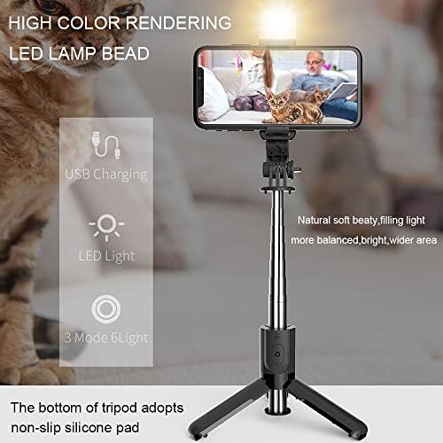 Komi Selfie Stick Tripod со Fill Light - 4 во 1 Extendable Tripod Stand Thone Thepod Prodable со одвојлив безжичен далечински бленда компатибилен