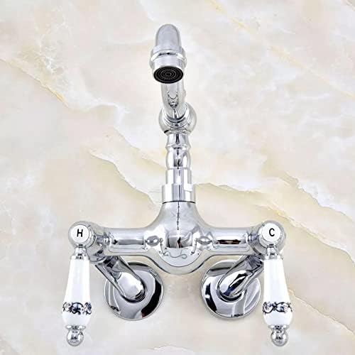 Сребрен хромиран месинг wallид монтиран со двојни рачки кујнски мијалник за мијалник за миксер од чешма на чешма за вртење - се прилагодува