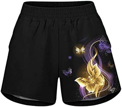 Xiaobu Обични шорцеви за летни жени еластични половини од плажа од џеб џеб печати удобни кратки панталони